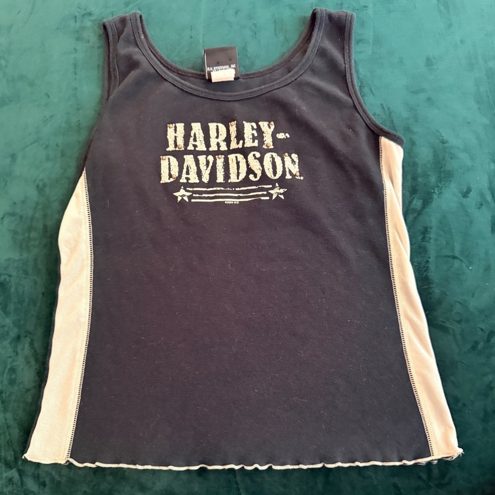 Harley Davidson Women Tank Top M Buffalo NY Studded Black Cream Vintage Y2K 2004